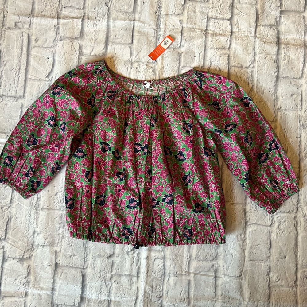 Sundry Ditzy Floral Elastic Cotton Gathered Top Pink Green Navy